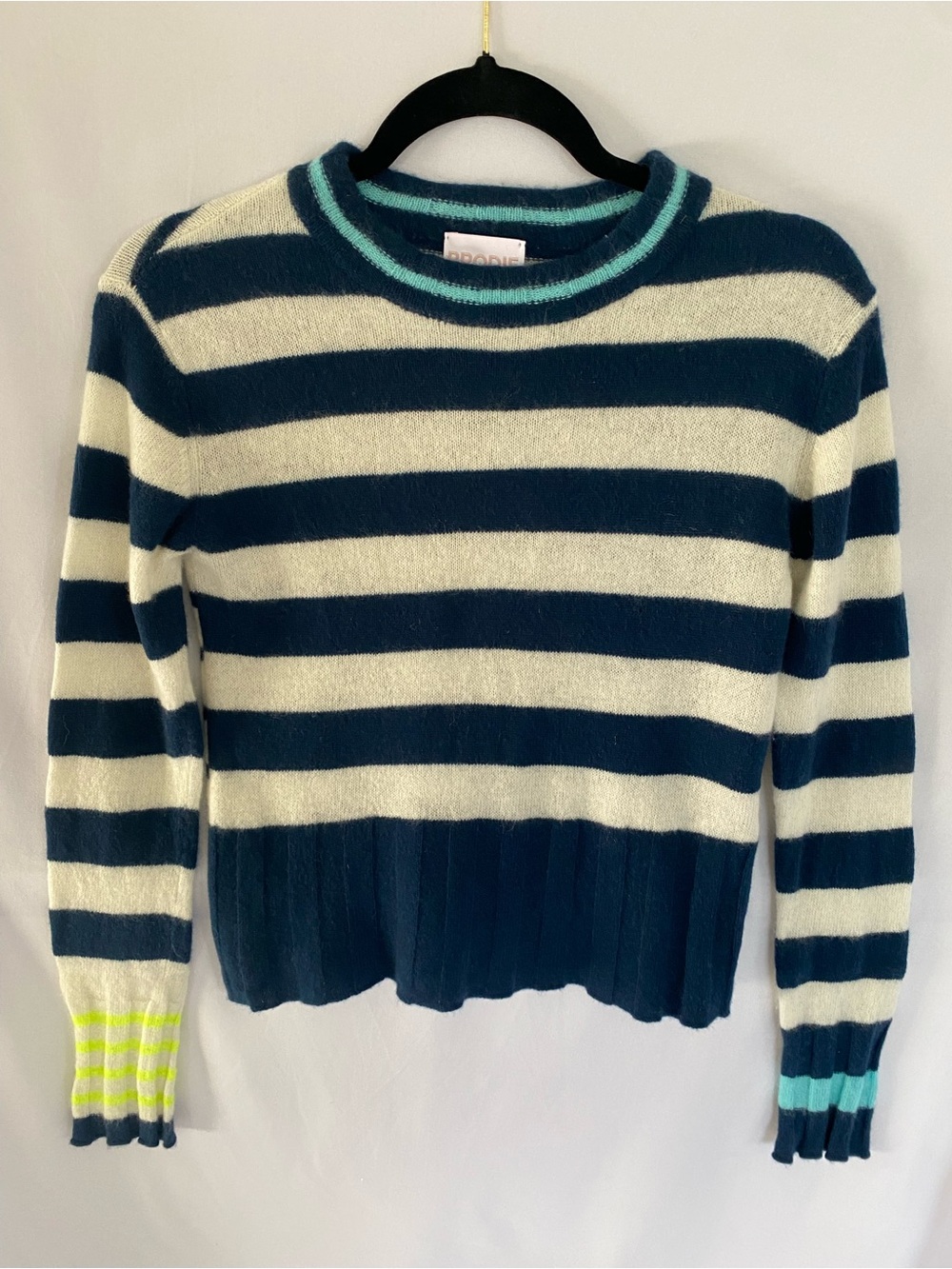 Brodie 100% Cashmere Navy and White Striped Crewneck Sweater with Neon Accents